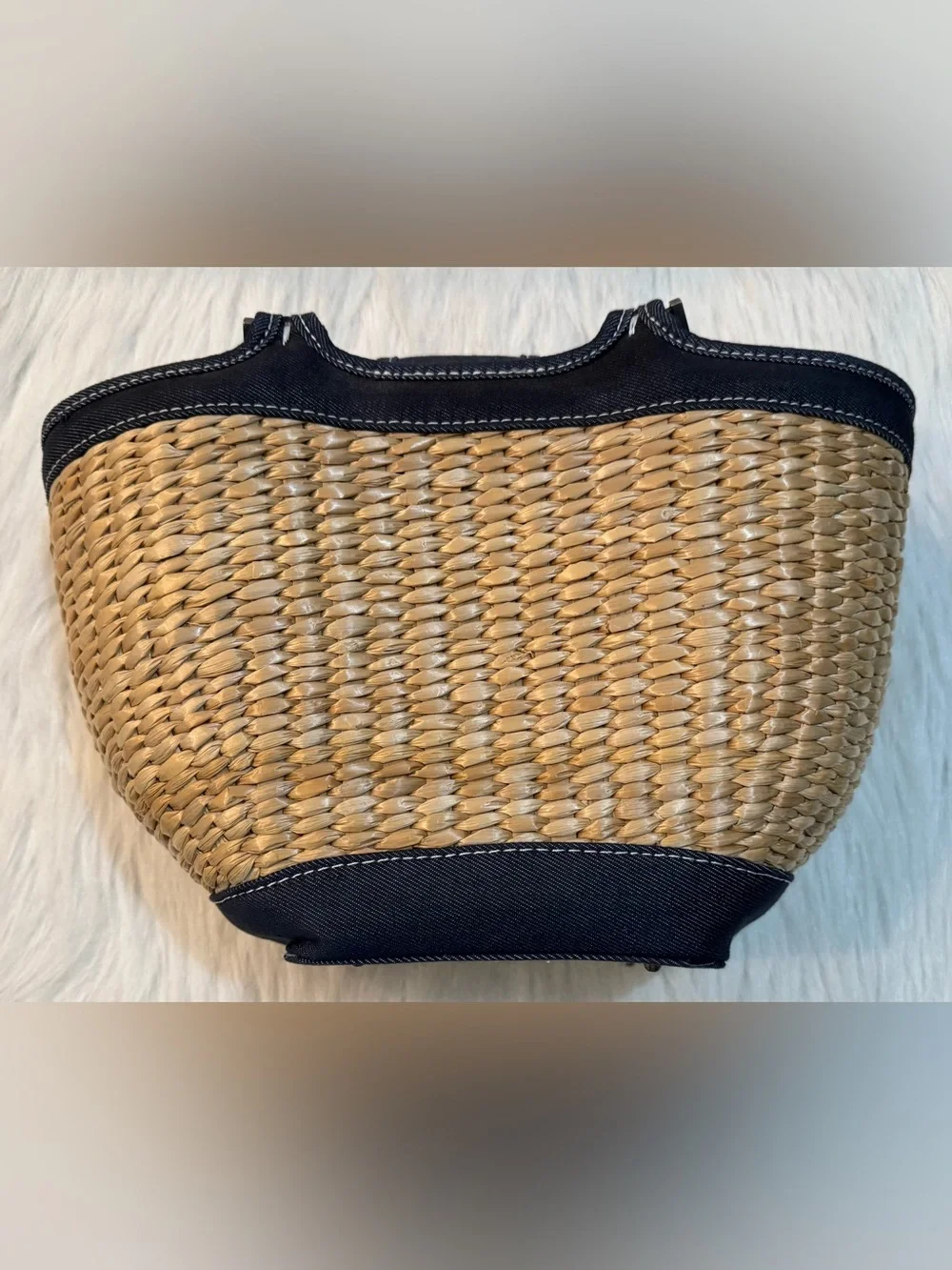 Bath & Body Works Denim & Raffia Small Satchel Tote Buckle Blue Natural GUC